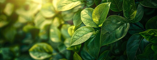Fototapeta na wymiar Fresh green leaves intricate veins, sunlit, glowing edges and soft bokeh background