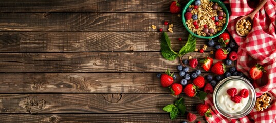 Healthy breakfast concept with granola, berries, and yogurt in jars on wooden table - obrazy, fototapety, plakaty