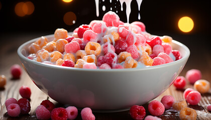 Freshness and indulgence in a bowl of gourmet berry dessert generated by AI