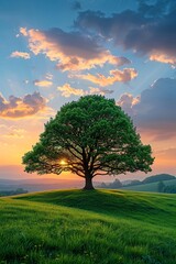 Solitary tree on hill, sunlight against moody sky