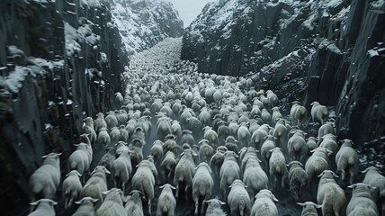 a running flock of sheep in a canyon