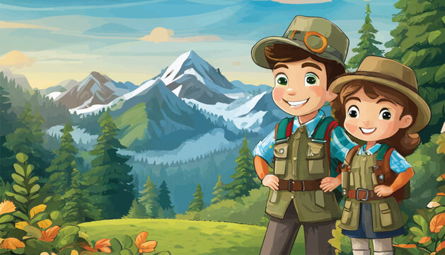 Animated Young Explorers on Mountain Adventure
Two animated characters enjoying a cheerful adventure in a stunning mountainous forest landscape.
