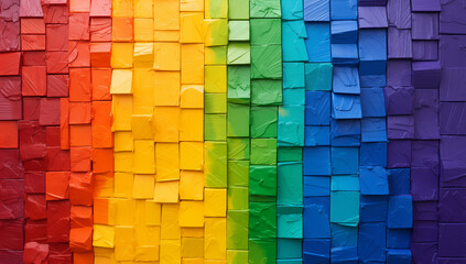Rainbow colored painted wood blocks wall. LGBT flag artistic textured background. - obrazy, fototapety, plakaty