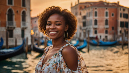 Bella donna di origini africane in vacanza in Italia a Venezia posa per una foto al tramonto vicino ad un canale - obrazy, fototapety, plakaty