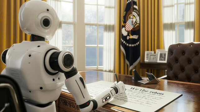 AI robot president of the United States in the Oval office writing a new constitution that starts with "We the Robots"