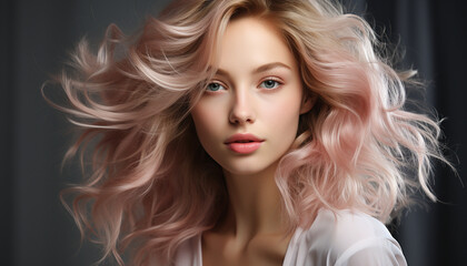 Fototapeta premium Beautiful woman with long blond hair, portrait of elegance and sensuality generated by AI
