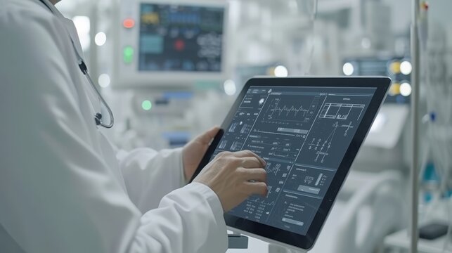 Doctor using tablet for electronic health records and dna on holographic interface