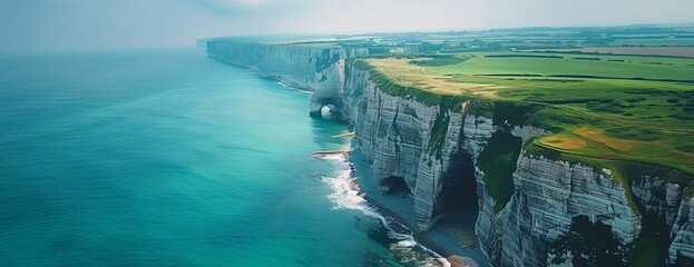 Aerial view of white chalk cliffs green tops and searches against backdrop of vibrant green sea