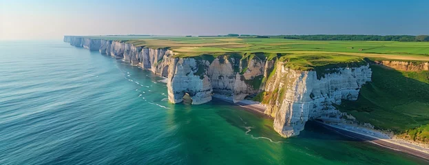 Poster Sunlit white cliffs stand out against emerald sea, green fields above and clear sky © HY