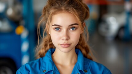 Fototapeta premium Confident young female mechanic in a workshop environment