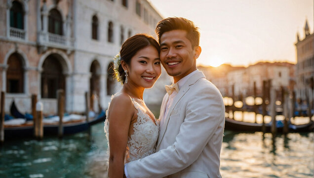 Bella coppia di sposi di origine asiatica in vacanza in Italia a Venezia posa per una foto al tramonto vicino ad un canale con gli abiti del matrimonio, luna di miele
