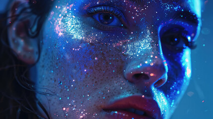 Portrait of a beautiful young woman with shining glitter and particles on her face. Concept of make-up, cosmetics, skin care, beauty, anti aging. Copy space for text, message, advertising