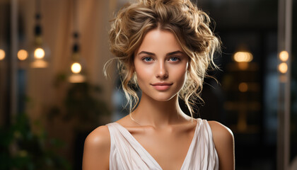 Beautiful woman with blond hair looking at camera, confident and elegant generated by AI