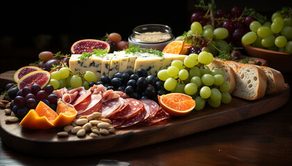 Freshness and variety on a rustic wooden table fruit, meat, and cheese generated by AI