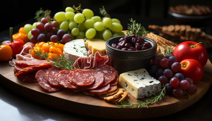 Freshness and variety on a rustic wooden table gourmet appetizers generated by AI