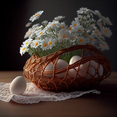 White Easter eggs and the white flowers in wicker basket isolated on dark background, generative ai