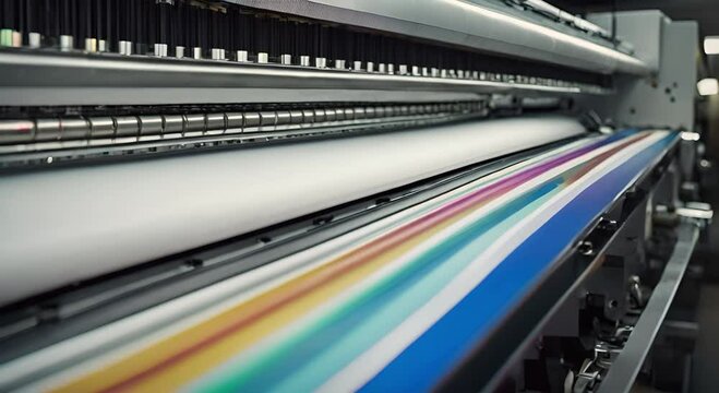 Close-up of a large offset printing machine running a long sheet of paper with colored designs and text.