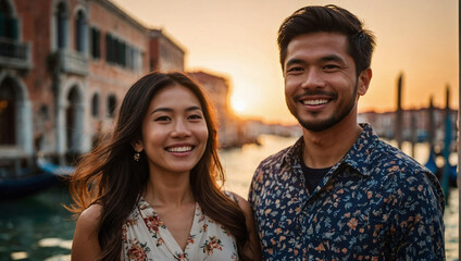 Bella coppia di fidanzati di origine asiatica, marito e moglie,  in vacanza in Italia a Venezia posa per una foto al tramonto vicino ad un canale, luna di miele