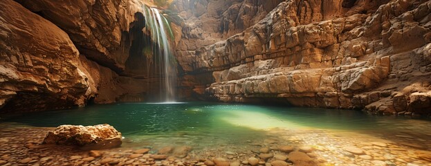 Expansive view of desert waterfall flowing into tranquil green pool, flanked by rugged canyon walls