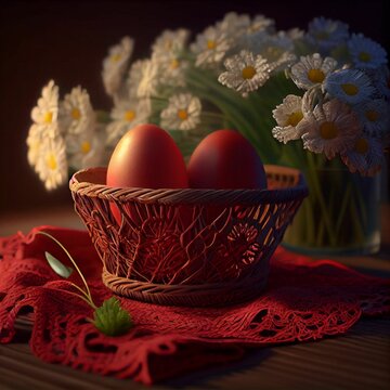 generative ai, Red Easter eggs with white flowers in wicker basket isolated on dark