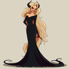 Beautiful sexy woman with long hair and horns. Vector illustration