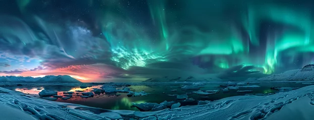 Fotobehang Northern lights radiating over icy waters amidst floating glaciers during twilight © HY