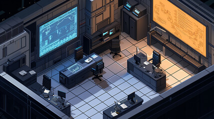 An isometric view of an underground bunker-style meeting room, with industrial aesthetics, secure communications equipment, and a confidential atmosphere for sensitive discussions.