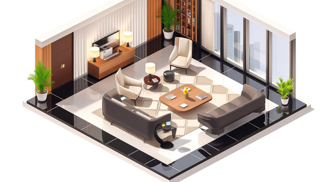 An isometric perspective of a luxury hotel business suite, designed for executive meetings, with elegant furnishings, sophisticated d?(C)cor, and panoramic city views.