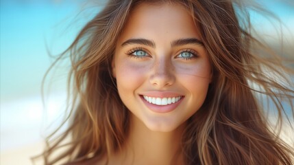 Radiant young woman smiling on sunny beach with blue eyes
