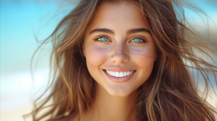 Fototapeta premium Radiant young woman smiling on sunny beach with blue eyes