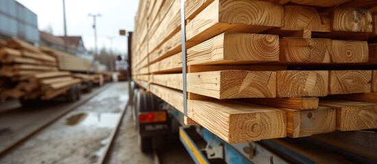 A large industrial truck is being loaded with a substantial quantity of wooden planks inside a warehouse.