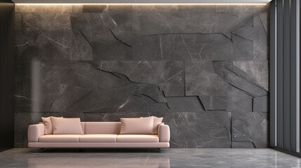 A minimalist living area with a wall displaying a 3D pattern of polished granite blocks in charcoal, 