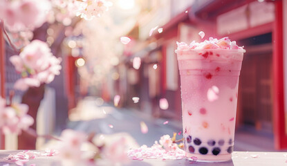 Sakura Bliss: Pink Boba Spring Drink Amidst Blossoming Cherry Trees and Petals- Generative AI.
