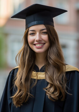 beautiful young smiling woman university graduate in gown and master's cap, university background, portrait, master, bachelor, college, institute, education, knowledge, expert, academic degree