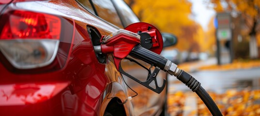 Car refueling gun in tank with copy spacerefueling with diesel or petrolautomotive fueling concept.