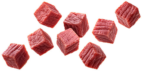 Raw beef meat cubes isolated on white background