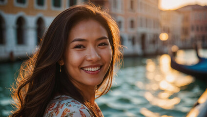 Bella donna di origini asiatiche in vacanza in Italia a Venezia posa per una foto al tramonto vicino ad un canale - obrazy, fototapety, plakaty