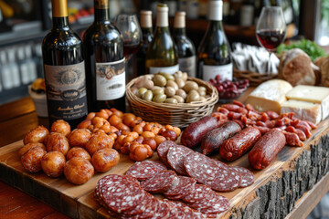 Obraz na płótnie Canvas Bodegón con botellas de vino, queso, chorizo, productos artesanales Españoles, gastronomía mediterránea