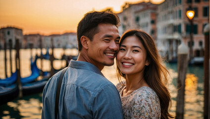 Fototapeta na wymiar Bella coppia di fidanzati di origine asiatica, marito e moglie, in vacanza in Italia a Venezia posa per una foto al tramonto vicino ad un canale, luna di miele