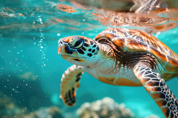 tortugas nadando. en una playa Tropical. Realismo, generación de IA fotorrealista
