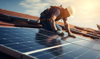 worker installing solar panels - obrazy, fototapety, plakaty