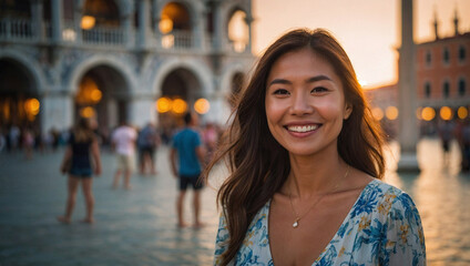 Bella donna di origini asiatiche in vacanza in Italia a Venezia posa per una foto al tramonto vicino ad un canale