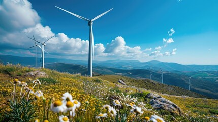 A scenic view of wind turbines atop a vibrant, flower-covered hill, showcasing a harmonious blend of technology and nature
