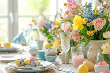 A delicate Easter table arrangement featuring pastel eggs, fine china, and a bouquet of spring flowers for a festive celebration..