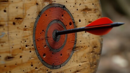 Close-up of arrow in bullseye on dartboard, symbolizing precision and success