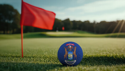 Golf ball with Michigan flag on green lawn or field, most popular sport in the world