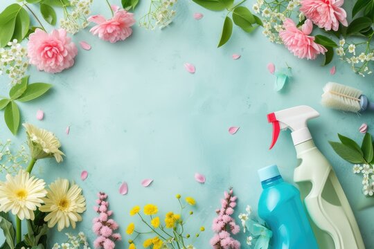 An overhead view of colorful cleaning bottles interspersed with vibrant spring flowers on a pastel blue background, symbolizing spring cleaning