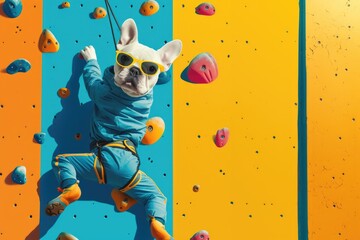  daring climber dog in bright athletic gear engages in an indoor rock climbing activity, showcasing strength and agility