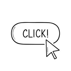 Click here button doodle icon. Computer pointer, mouse cursor in sketch style. Hand drawn vector illustration isolated on white background