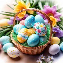 Fototapeta na wymiar Illustration of Easter basket with decorated eggs and flowers, celebration concept. Greeting card